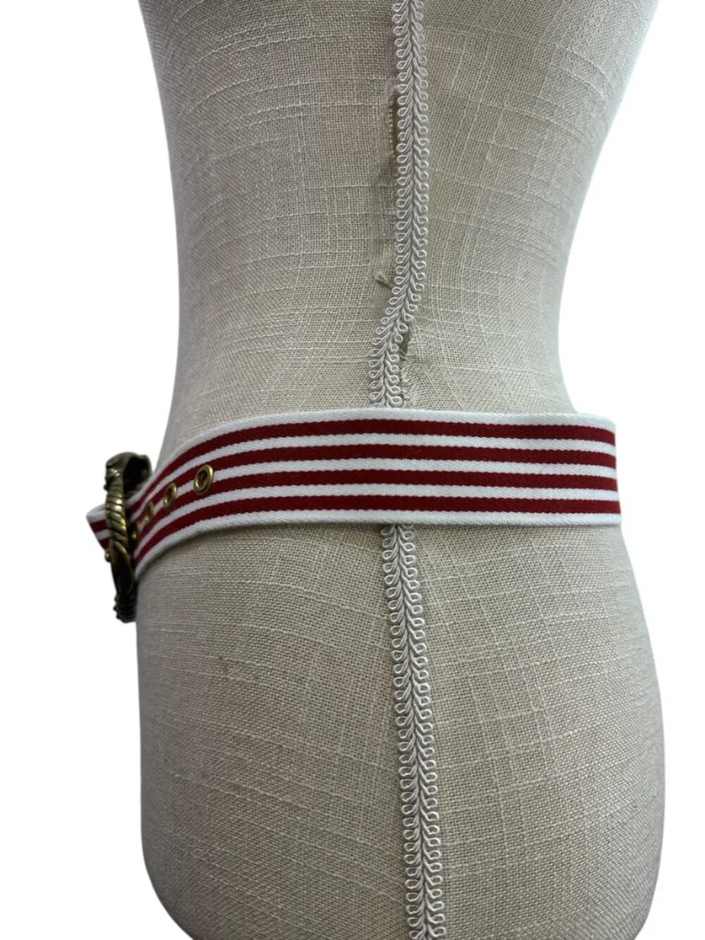 Brass Jaguar Head Buckle Red White Stripe Statement Belt Womens